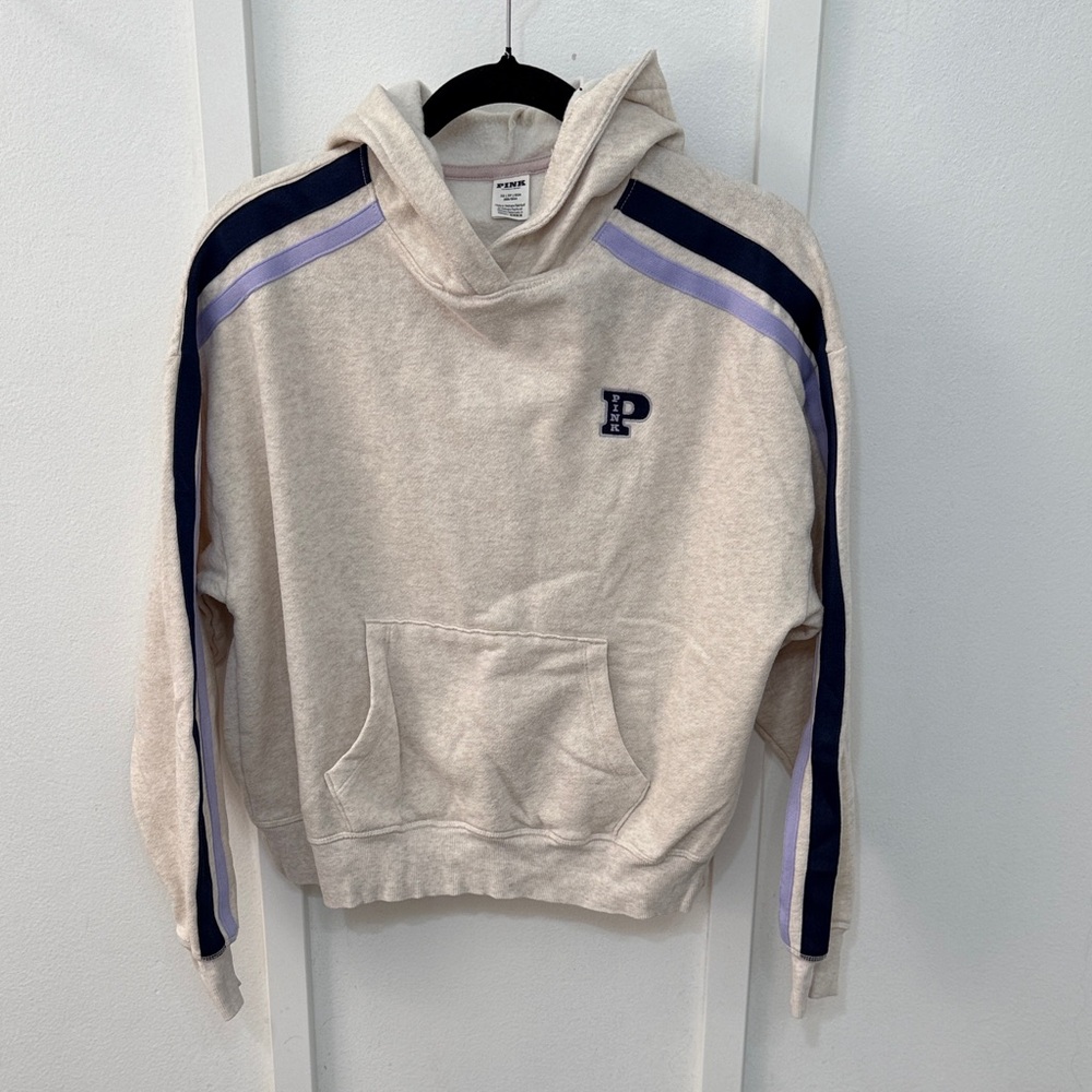 PINK Victoria's Secret Cream Hoodie with Navy & Lavender Stripes